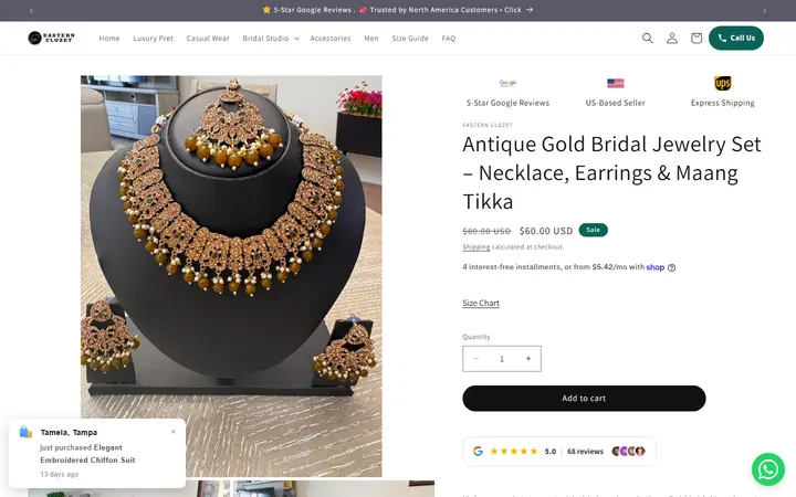 Website page titled Antique Gold Bridal Jewelry Set – Necklace, Earrings & Maang Tikka – Eastern Clozet
