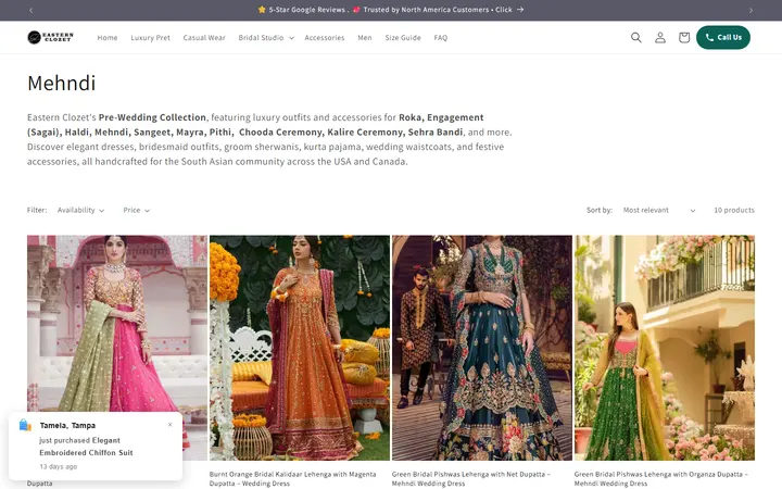 Website page titled Mehndi, Sangeet & Haldi Outfits USA | Eastern Clozet