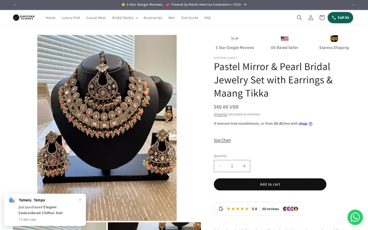 Website page titled Pastel Mirror & Pearl Bridal Jewelry Set with Earrings & Maang Tikka – Eastern Clozet