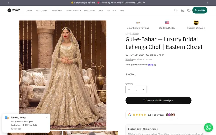 Website page titled Gul-e-Bahar — Luxury Bridal Lehenga Choli | Eastern Clozet