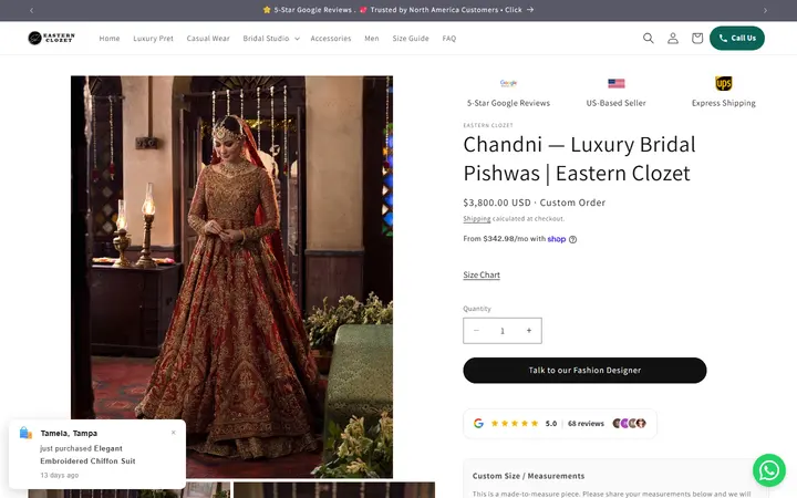 Website page titled Chandni — Luxury Bridal Pishwas | Eastern Clozet