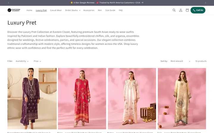 Website page titled Luxury Pret Wear USA | Pakistani Designer Dresses | Eastern Clozet