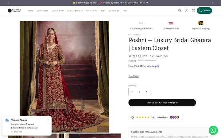 Website page titled Roshni — Luxury Bridal Gharara | Eastern Clozet