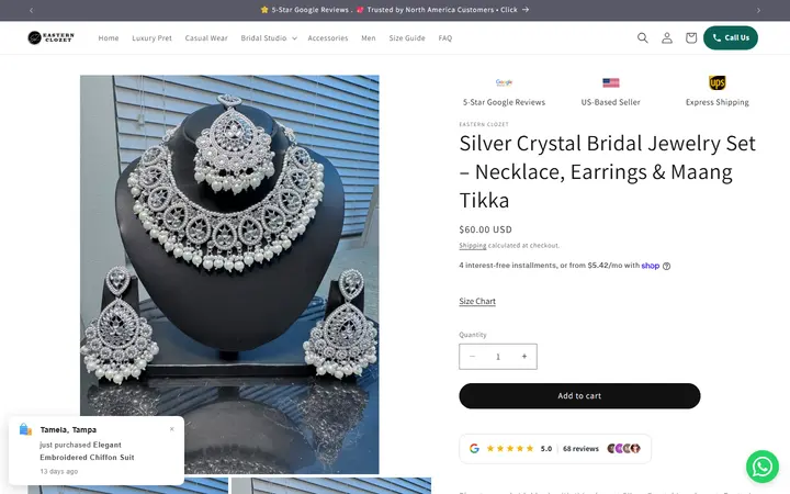 Website page titled Silver Crystal Bridal Jewelry Set – Necklace, Earrings & Maang Tikka – Eastern Clozet