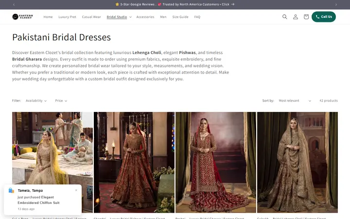 Website page titled Pakistani Bridal Dresses | Lehenga, Pishwas & Gharara – Eastern Clozet