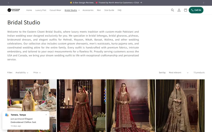 Website page titled Pakistani Bridal Lehengas & Wedding Wear USA | Eastern Clozet