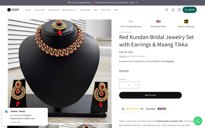 Website page titled Red Kundan Bridal Jewelry Set with Earrings & Maang Tikka – Eastern Clozet
