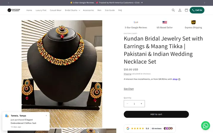 Website page titled Kundan Bridal Jewelry Set with Earrings & Maang Tikka | Pakistani & In – Eastern Clozet