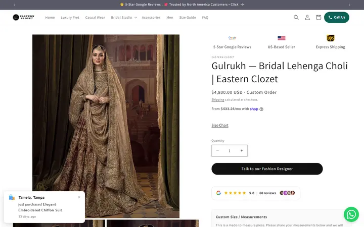 Website page titled Gulrukh — Bridal Lehenga Choli | Eastern Clozet