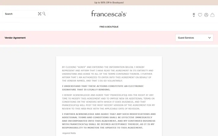 Website page titled Vendor Agreement