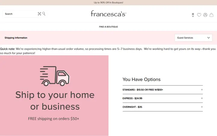 Website page titled Shipping Information