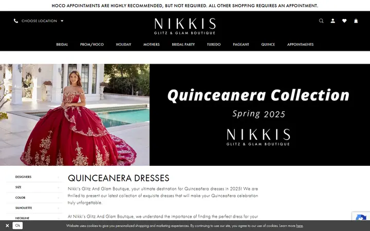 Website page titled Quinceanera Dresses | Nikki's Glitz & Glam Boutique