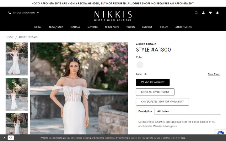 Website page titled Allure Bridals New 2026 Collection| Nikki's Glitz & Glam Boutique | Wedding dress | Dress| Dresses - A1300 | Nikki's Glitz & Glam Boutique
