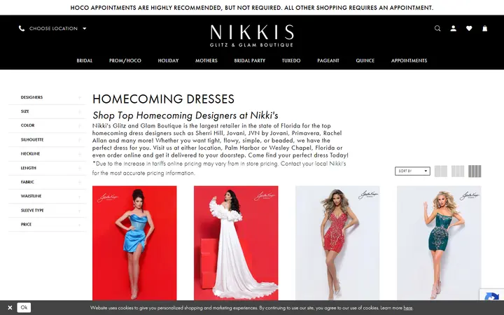 Website page titled Shop Nikki's Glitz and Glam Boutique for all the top Homecoming n styles.