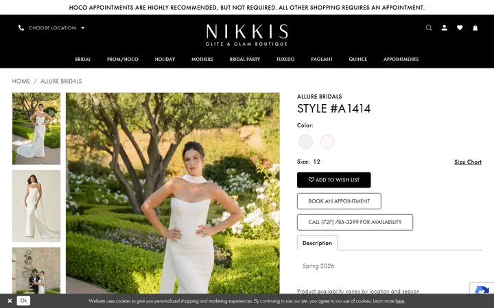 Website page titled Allure Bridals New 2026 Collection| Nikki's Glitz & Glam Boutique | Wedding dress | Dress| Dresses - A1414 | Nikki's Glitz & Glam Boutique