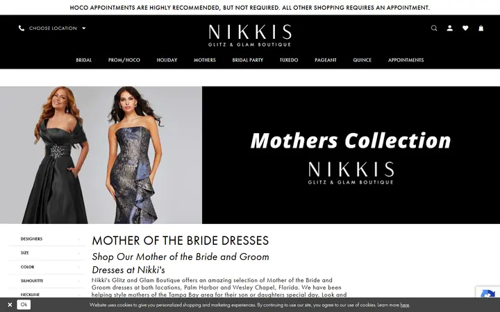 Website page titled Mother of the Bride and Groom Dresses- Nikki's Glitz and Glam Boutique