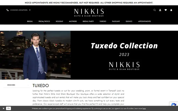 Website page titled Suit & Tuxedo Rental Tampa| Wedding Tuxedo| Nikki's Glitz and Glam Boutique