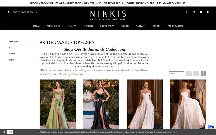 Website page titled Bridesmaids Dresses | Nikki's Glitz & Glam Boutique