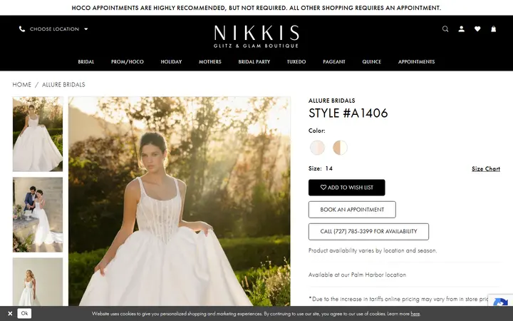 Website page titled Allure Bridals New 2026 Collection| Nikki's Glitz & Glam Boutique | Wedding dress | Dress| Dresses - A1406 | Nikki's Glitz & Glam Boutique