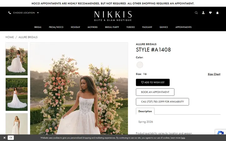 Website page titled Allure Bridals New 2026 Collection| Nikki's Glitz & Glam Boutique | Wedding dress | Dress| Dresses - A1408 | Nikki's Glitz & Glam Boutique