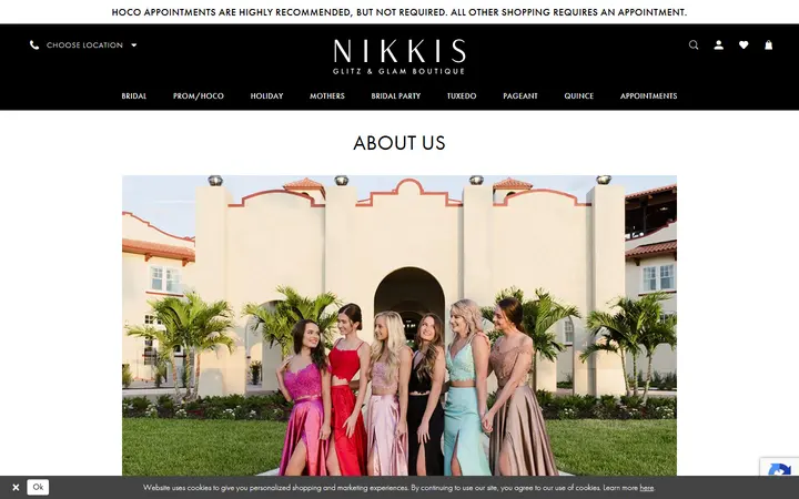 Website page titled About Nikki's Glitz & Glam Boutique | Your Florida Bridal & Prom Experts