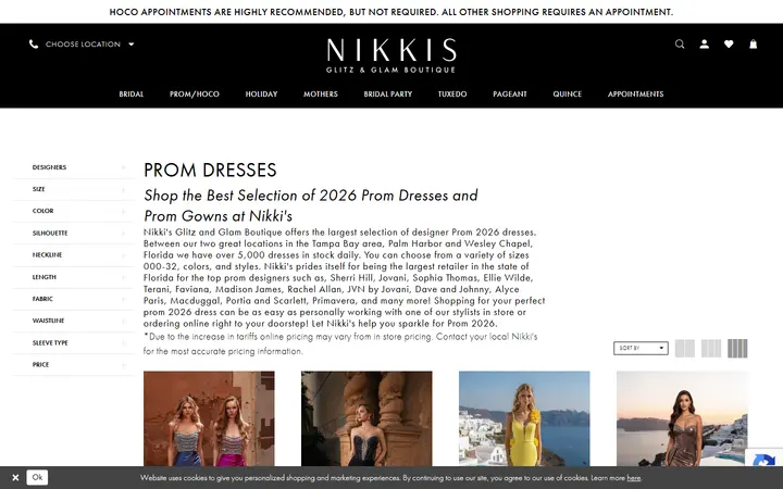 Website page titled Shop the largest selection of prom dresses at Nikki's Glitz and Glam Boutique in Tampa.