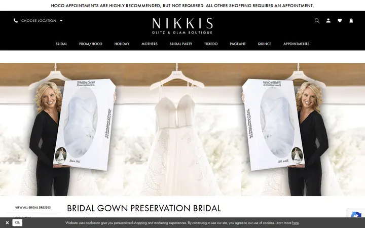 Website page titled Bridal Gown Preservation Bridal Dresses | Nikki's Glitz & Glam Boutique