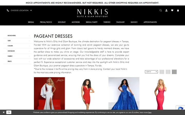 Website page titled Designer Pageant Dresses 2024 | Shop Beautiful Pageant Gowns at Nikki's in Tampa Florida
