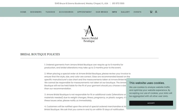 Website page titled Bridal Boutique Policies and Alterations Information