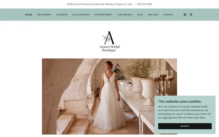 Website page titled Amore Bridal: Premier Wedding Dresses in Wesley Chapel