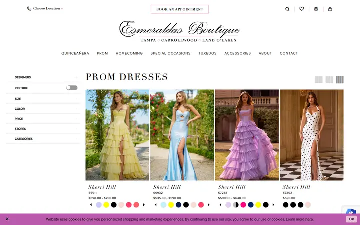 Website page titled Prom Dresses | Esmeralda's Boutique