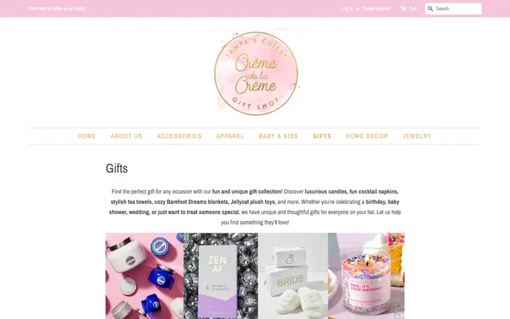 Website page titled Gifts – Crème de la Crème