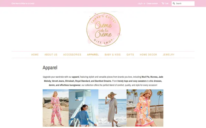 Website page titled Apparel – Crème de la Crème