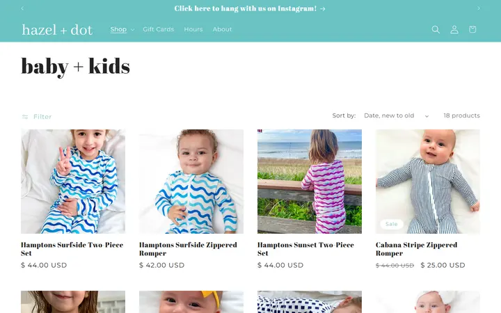 Website page titled baby + kids – hazel + dot