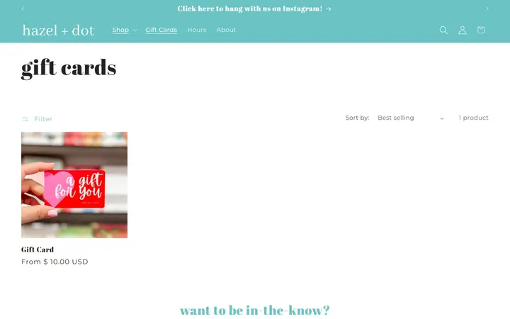 Website page titled gift cards – hazel + dot