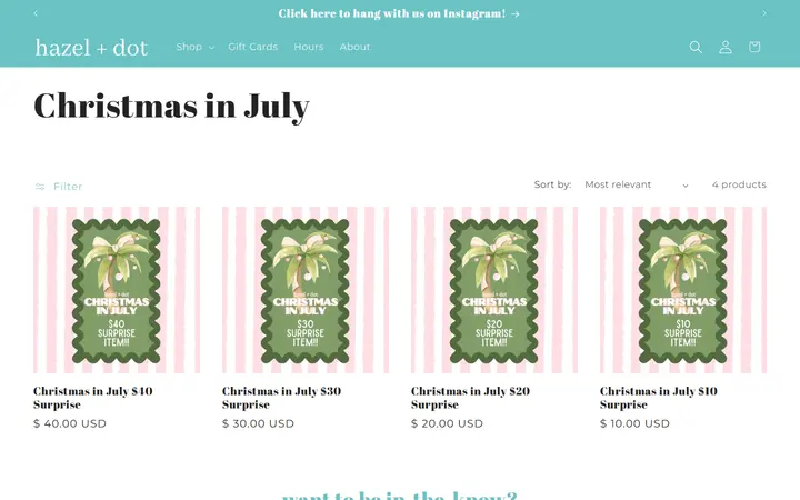 Website page titled Christmas in July – hazel + dot