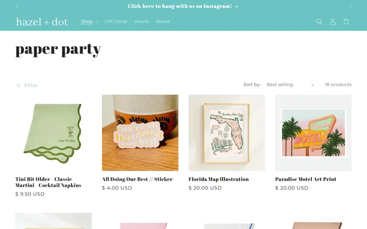 Website page titled paper party – hazel + dot
