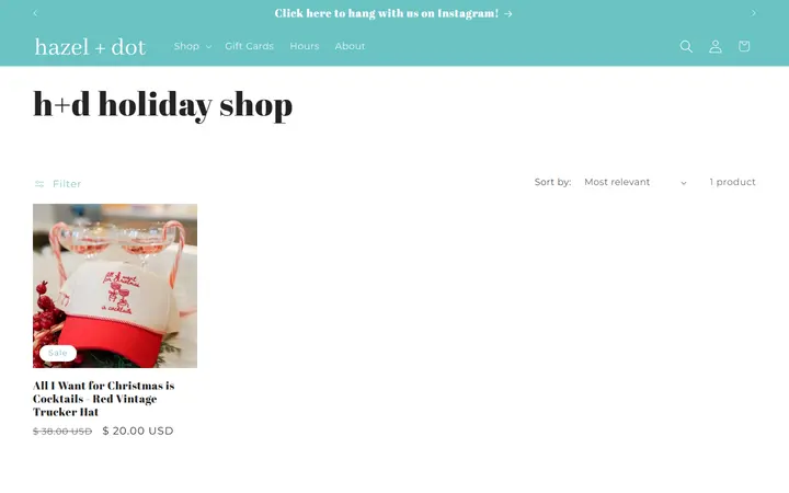 Website page titled h+d holiday shop – hazel + dot