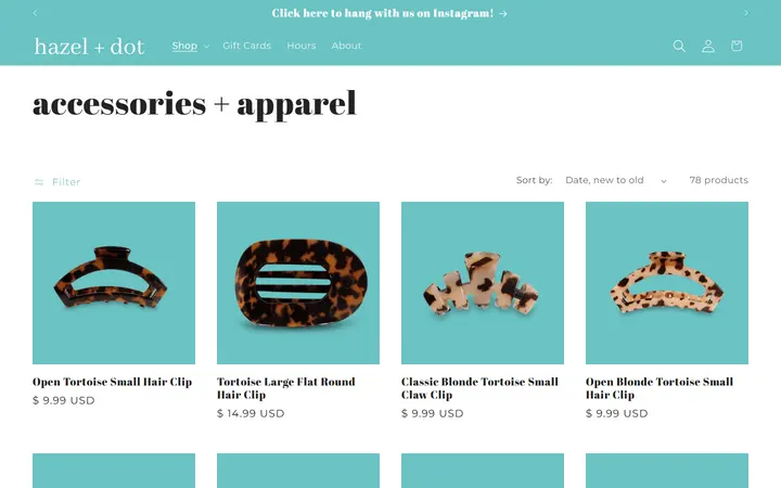 Website page titled accessories + apparel – hazel + dot