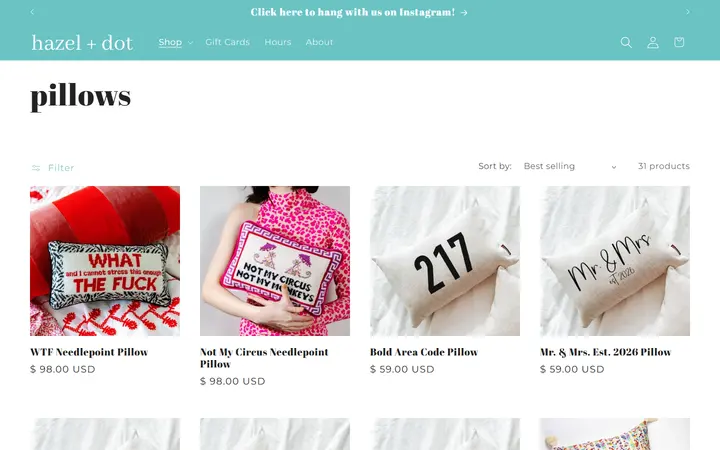 Website page titled pillows – hazel + dot