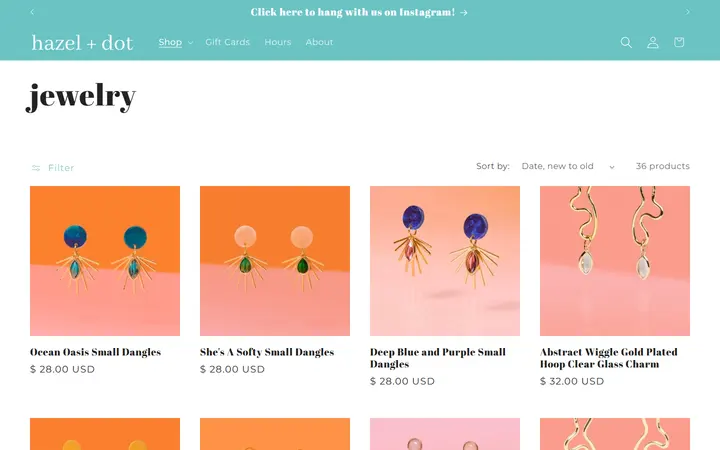 Website page titled jewelry – hazel + dot