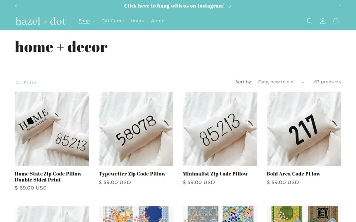 Website page titled home + decor – hazel + dot