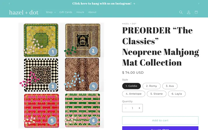 Website page titled PREORDER “The Classics” Neoprene Mahjong Mat Collection – hazel + dot