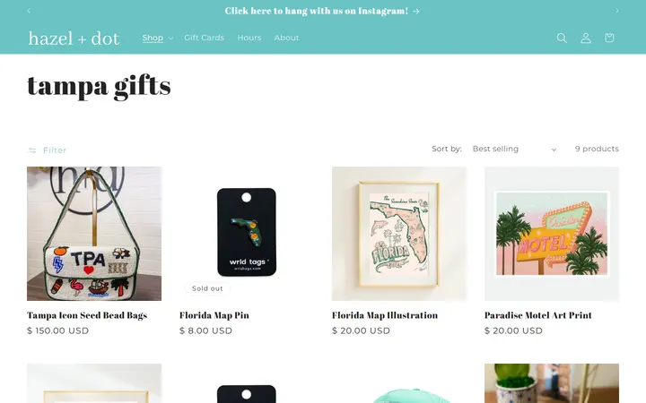 Website page titled tampa gifts – hazel + dot