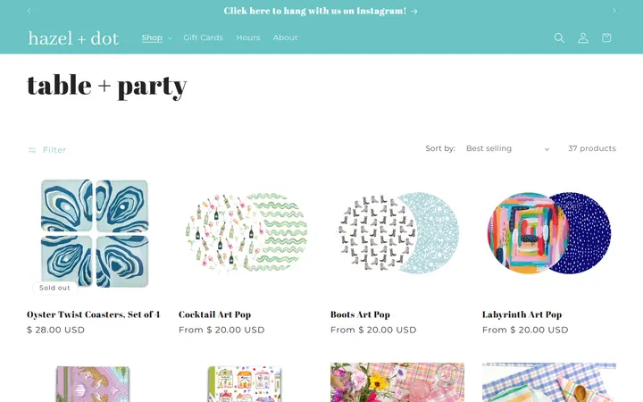 Website page titled table + party – hazel + dot