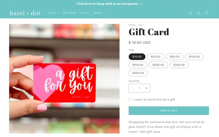 Website page titled Gift Card – hazel + dot