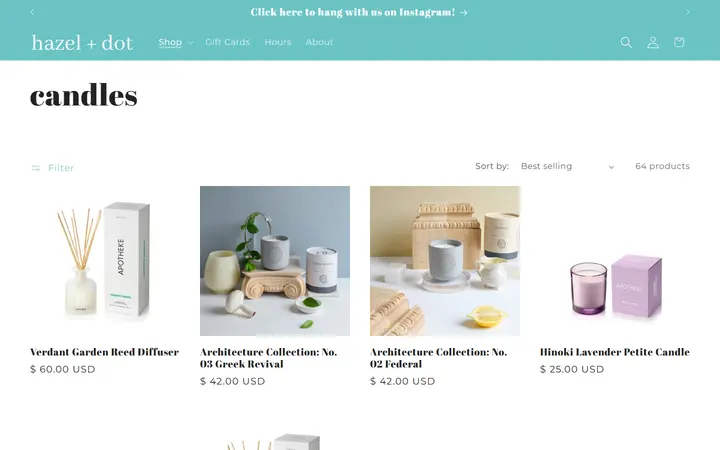 Website page titled candles – hazel + dot