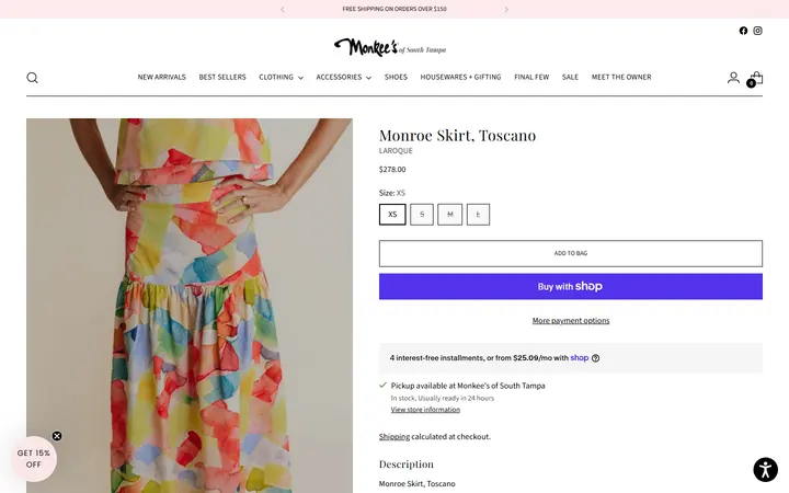 Website page titled Monroe Skirt, Toscano – Monkee's of South Tampa