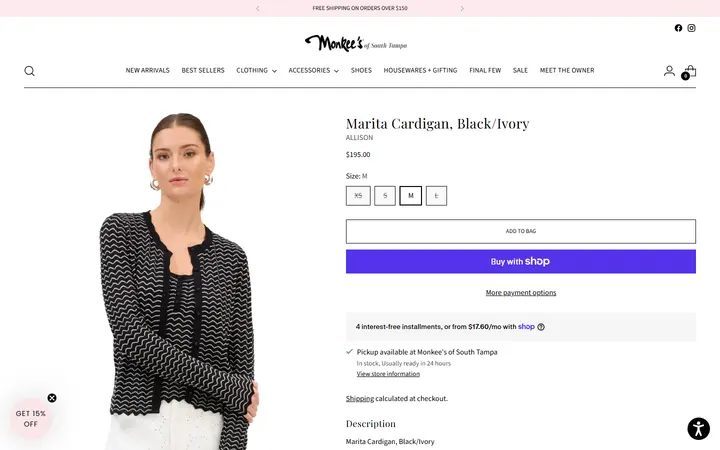 Website page titled Marita Cardigan, Black/Ivory – Monkee's of South Tampa