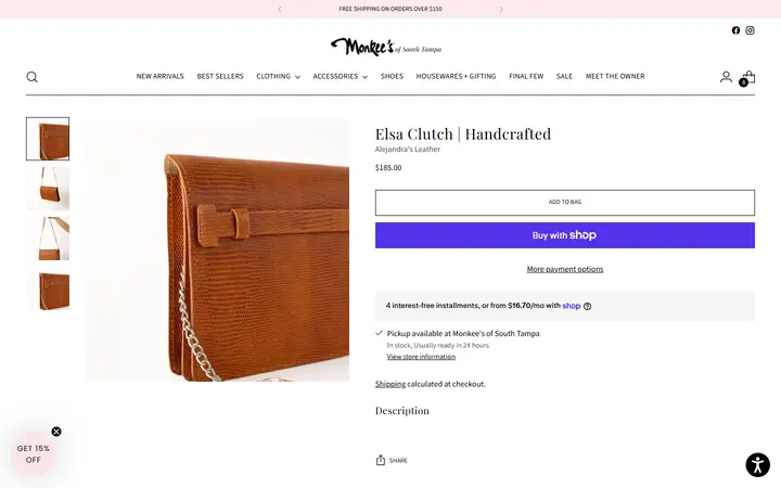 Website page titled Elsa Clutch | Handcrafted – Monkee's of South Tampa